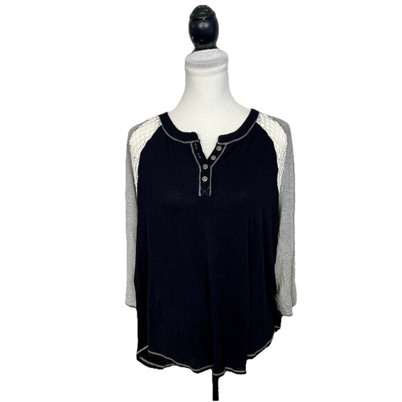 Eyeshadow Knit Top Shirt XL Black Long Sleeve Lace Insert High-Low Hem Buttons - Picture 1 of 10